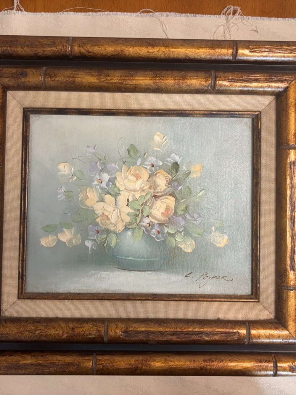 VTG Floral Oil Painting in Faux Bamboo Frame Hollywood Regency Wall Art